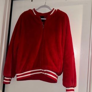 Used - like new red fuzzy varsity inspired jacket